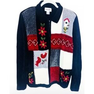 Alfred Dunner Women's Patchwork Cardinal Bird Floral Zip Up Cardigan Sweater 1x